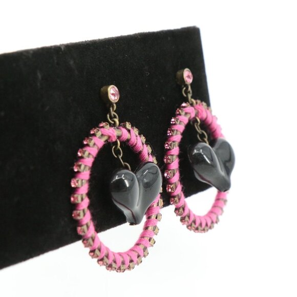 Betsey Johnson Black Puff Heart Pink Wrapped Rhinestone Hoop Earrings - Picture 2 of 6